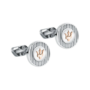 Ανδρικά στρογγυλά μανικετόκουμπα Maserati Ιconic JM121ATK14 σε ασημί χρώμα από ανοξείδωτο ατσάλι με χρυσή τρίαινα-από μπροστά.